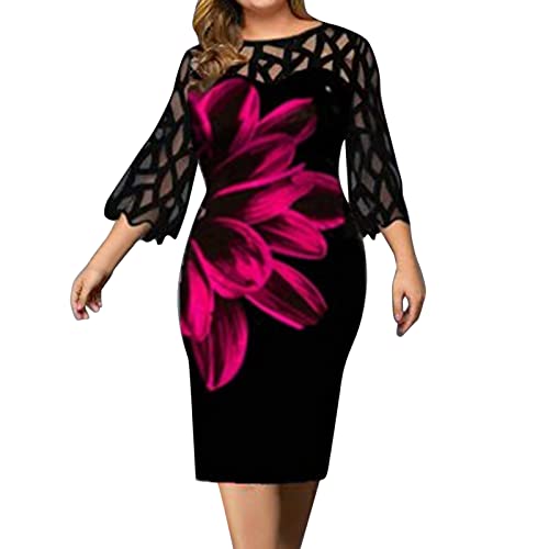 LOPILY Spitzenkleid Damen Große Größen Elegant Abendkleid für Mollige mit Blumendruck Zweilagig Cocktailkleider Kleid für Brautmutter Übergröße Edel Midikleid Plus Size Frauenkleid von LOPILY