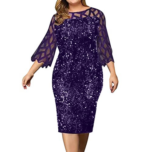 LOPILY Spitzenkleid Damen Große Größen Elegant Abendkleid für Mollige mit Blumendruck Zweilagig Cocktailkleider Kleid für Brautmutter Übergröße Edel Midikleid Plus Size Frauenkleid von LOPILY