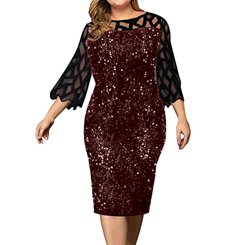 LOPILY Spitzenkleid Damen Große Größen Elegant Abendkleid für Mollige mit Blumendruck Zweilagig Cocktailkleider Kleid für Brautmutter Übergröße Edel Midikleid Plus Size Frauenkleid von LOPILY