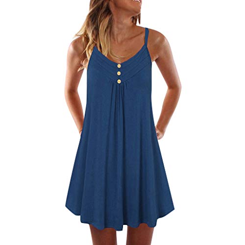 LOPILY Tunikakleid Damen Große Größen Spaghettiträger Sommerkleid Swing Volant Freizeitkleider Locker Übergröße Sommer Damenmode für Mollige Ärmellose Shirtkleid Luftig Strandkleid (Blau, M) von LOPILY