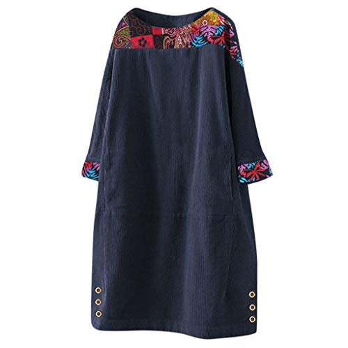 LOPILY Winterkleid Damen Vintage Hippie Blumendruck Tunika Kleid aus Cord Locker Strickkleid Damen Große Größen Skaterkleid Oversize für Mollige Strickpullover Lose Pulloverkleid Freizeit (Navy, 5XL) von LOPILY