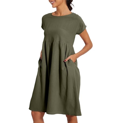 Sommerkleid Damen Kurzarm Strandkleid Elegant Rundhalsausschnitt Musselin Kleid Sommerkleider Einfarbig Knielanges Kleider mit Taschen Leicht und Luftig Freizeitkleider von LOPILY