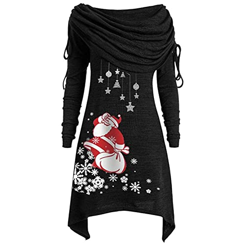 Weihnachtspullover Damen Rollkragenpullover mit Weihnachtsmann Santa Claus Motiv Asymmetrisch Weihnachtspullis Große Größen Roter Weihnachten Wasserfallshirts Übergröße Locker von LOPILY