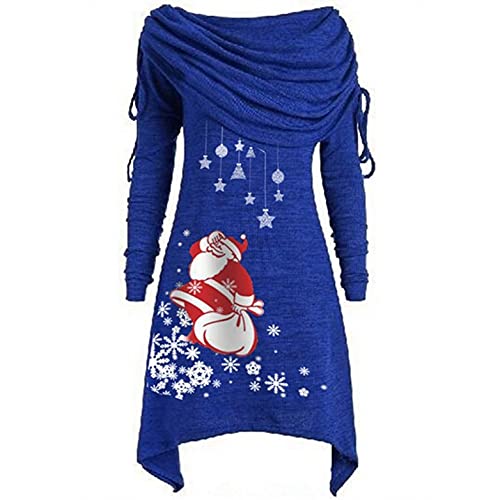 Weihnachtspullover Damen Rollkragenpullover mit Weihnachtsmann Santa Claus Motiv Asymmetrisch Weihnachtspullis Große Größen Roter Weihnachten Wasserfallshirts Übergröße Locker von LOPILY