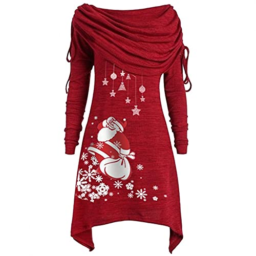 Weihnachtspullover Damen Rollkragenpullover mit Weihnachtsmann Santa Claus Motiv Asymmetrisch Weihnachtspullis Große Größen Roter Weihnachten Wasserfallshirts Übergröße Locker von LOPILY