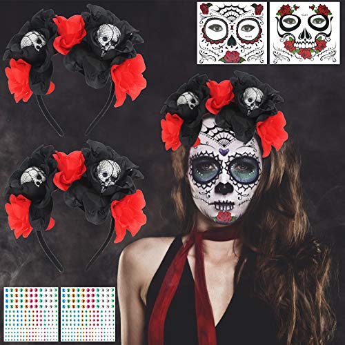LOPITIN 2STK Halloween Haarreif mit Day of The Dead Temporäre Tattoo für Tag Der Toten Damen Kostüm Dia De Los Muertos Stirnband Mexikanische Haarband für Halloweenkostüm von LOPOTIN