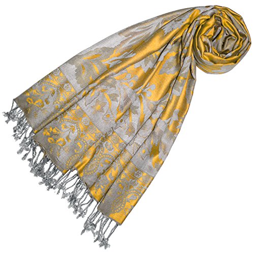 Lorenzo Cana Marken Pashmina Damen Schal Schaltuch Stola Umschlagtuch Naturfaser opulentes Muster in harmonischen gelb grau Farben mit Fransen 70 cm x 200 cm - 78444 von Lorenzo Cana