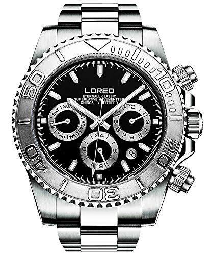 LOREO Mens Automatische Maschine Multifunktions Silber Edelstahl Saphirglas Wasserdichte Uhr, Schwarz, Luxus von LOREO