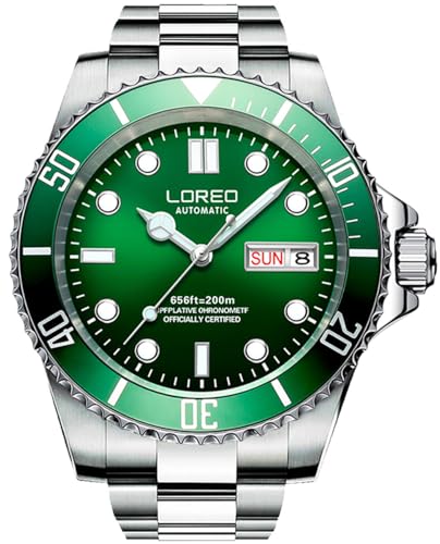 LOREO Herren-Armbanduhr, silberfarben, Edelstahl, Saphirglas, blaue drehbare Lünette, automatische Datumsanzeige, Wochenuhr, grün, Lässige Taucheruhr von LOREO
