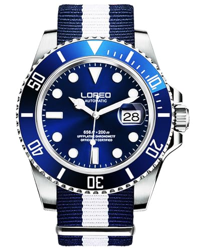 LOREO Herren-Automatikuhr, silberfarben, Edelstahl, Saphirglas, schwarz, drehbare Lünette, Blau/Nylon, Taucheruhr von LOREO