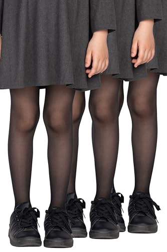 LORES 3er-Pack Mädchen-Strumpfhosen einfarbig halbtransparent für die Schule klassische Strumpfhosen mit Füßen für Tanz und Ballett für jeden Tag 20 DEN Tonia, Nero 146-152 cm von LORES