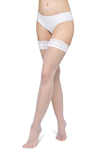 LORES Damen-Netzstrumpfhose mit Netzmuster, hohe Strumpfhose über dem Knie, Burlesque, Bianco, M-L von LORES
