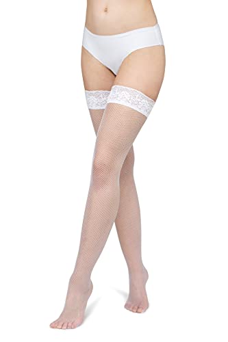 LORES Damen Fischnetz-Strümpfe mit Spitzen-Netzmuster, hohe Strumpfhose über dem Knie, Burlesque, Bianco, XS/S von LORES