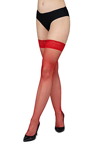 LORES Damen Fischnetz-Strümpfe mit Spitzen-Netzmuster, hohe Strumpfhose über dem Knie, Burlesque, Rossa, M/L von LORES