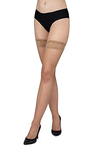 LORES Damen Fischnetz-Strümpfe mit Spitzen-Netzmuster, hohe Strumpfhose über dem Knie, Burlesque, Visone, M/L von LORES