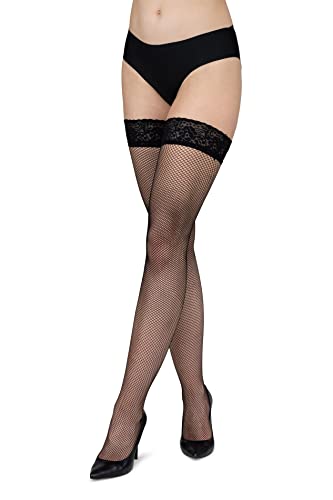 LORES Damen Netzstrümpfe mit Spitzen-Mesh-Muster, hohe Strumpfhose über dem Knie, Burlesque, schwarz, M/L von LORES