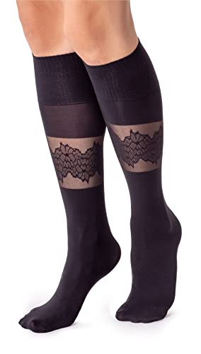 LORES Durchsichtige kniehohe Damensocken, ausgefallenes Muster, weiches Oberteil, lustig, lang, Constanza Nero, One size von LORES