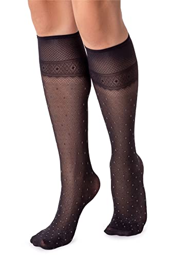 LORES Durchsichtige kniehohe Damensocken, ausgefallenes Muster, weiches Oberteil, lustig, lang, Gianna Nero, One size von LORES