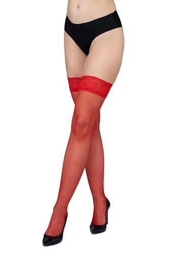 LORES Damen Strümpfe, Strümpfe mit Spitze, hoher Oberschenkel, Strumpfhose, Silikon-Top, 15 Denier, Overknee-Socken, Rosso M/L von LORES