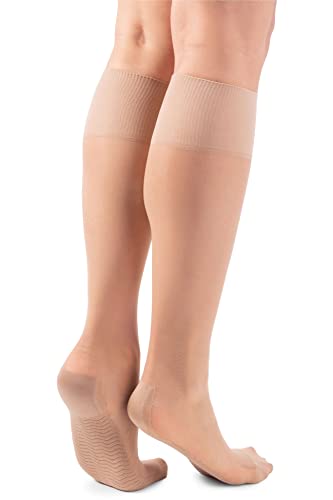 LORES Pop Socks Damen Kniestrümpfe atmungsaktiv mit Massagesohle druckfrei 20 DEN ein Paar, natur, One size von LORES