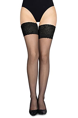 LORES Halterlose Strümpfe mit Rückennaht, für Damen, mit breiter Spitze, hoher Oberschenkel, sexy Dessous, Silikon, 20 Denier, Büro, schwarz, XS/S von LORES