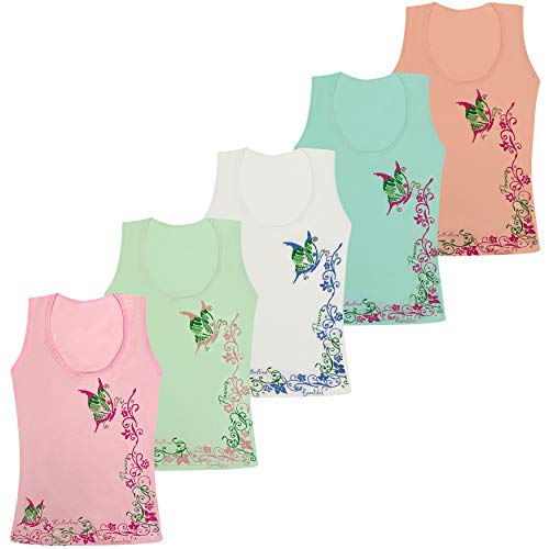LOREZA ® 5 Stück Mädchen Baumwolle Unterhemden Tank Top Kinder - Butterfly - 140-146 (10-11 Jahre) - Modell 1 von LOREZA