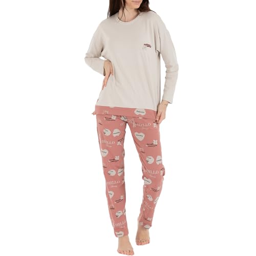 LOREZA ® Damen Pyjama Baumwolle Set Schlafanzug aus Baumwolle Langarm - L - Modell 1 Stone von LOREZA