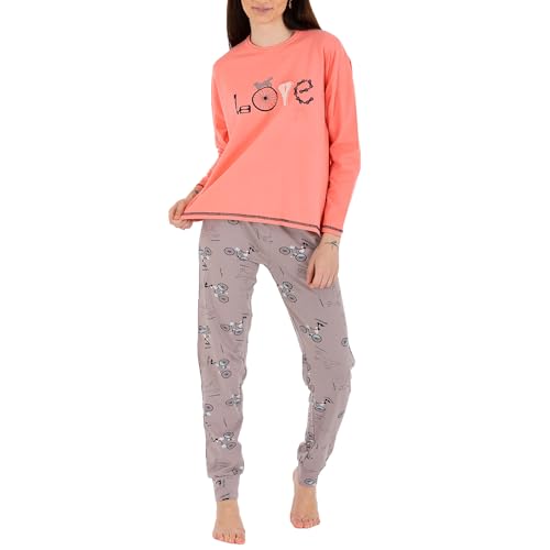 LOREZA ® Damen Pyjama Baumwolle Set Schlafanzug aus Baumwolle Langarm - L - Modell 2 Lachs von LOREZA