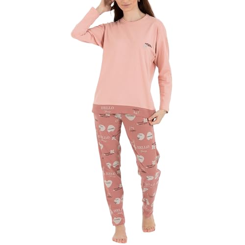 LOREZA ® Damen Pyjama Baumwolle Set Schlafanzug aus Baumwolle Langarm - M - Modell 1 Lachs von LOREZA