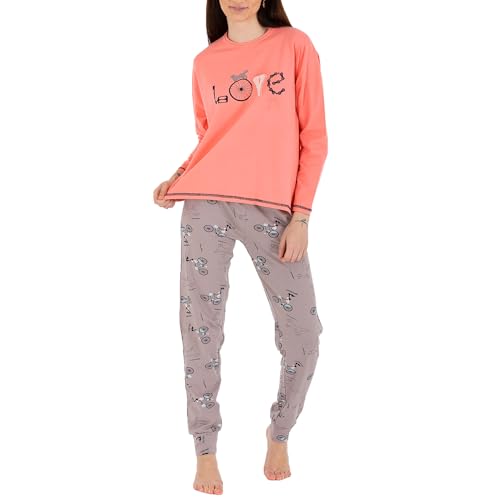 LOREZA ® Damen Pyjama Baumwolle Set Schlafanzug aus Baumwolle Langarm - XL - Modell 2 Lachs von LOREZA