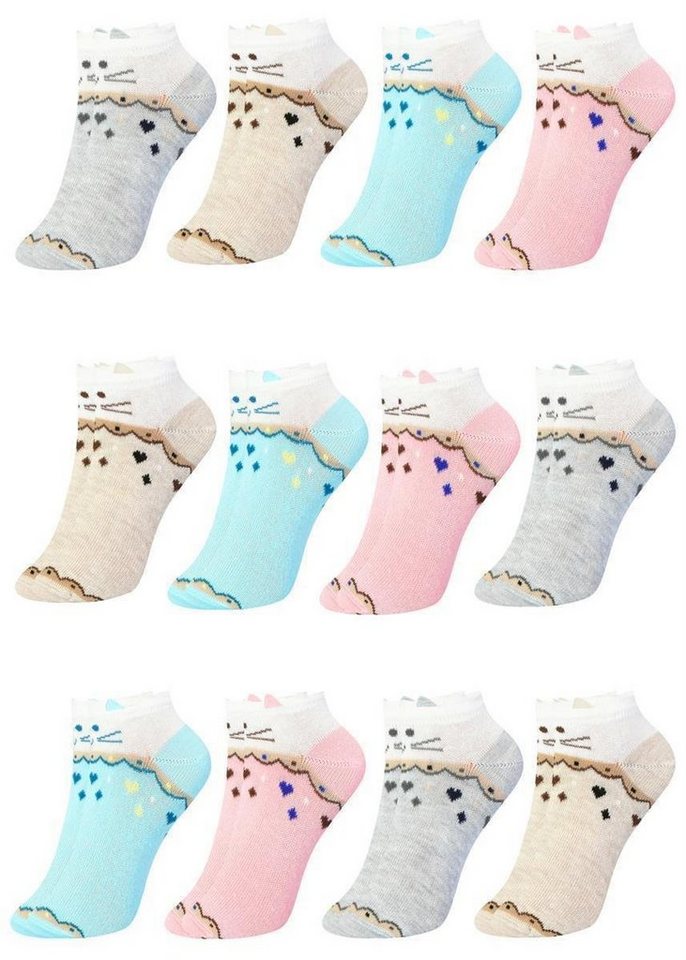 LOREZA Kurzsocken 12 Paar Mädchen Kurzsocken - Katze - Mehrfarbig (Paar, 12-Paar) 12-Paar von LOREZA