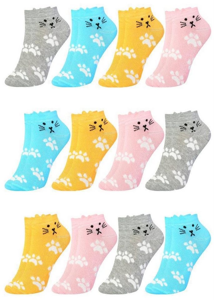 LOREZA Kurzsocken 12 Paar Mädchen Kurzsocken - Katze - Mehrfarbig (Paar, 12-Paar) 12-Paar von LOREZA