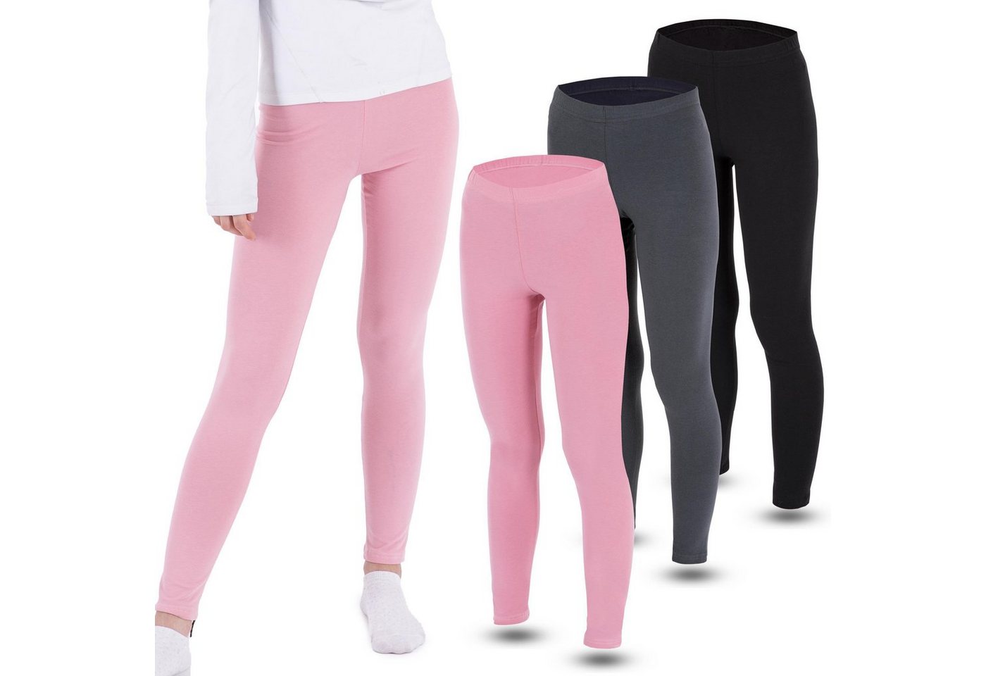 LOREZA Leggings 3 Mädchen Leggings Set lang Baumwolle blickdicht Freizeithose elastisc (3-tlg) elastischer Bund von LOREZA
