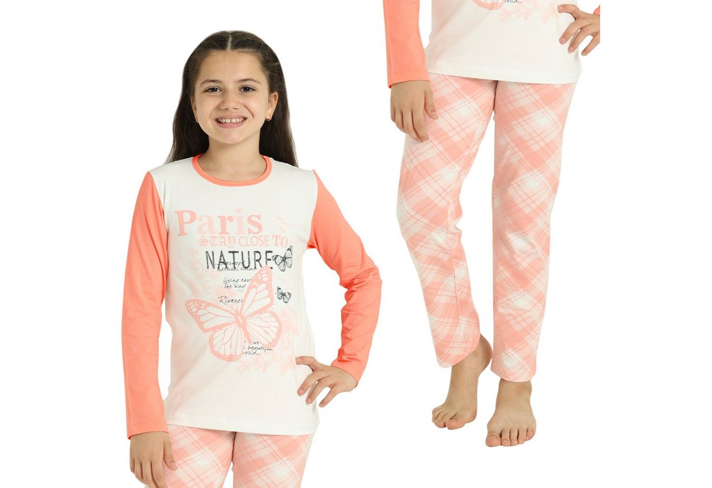 LOREZA Pyjama Mädchen Schlafanzug zweiteilig Set Langarm - Butterfly - Koralle (Set, 2 tlg) von LOREZA