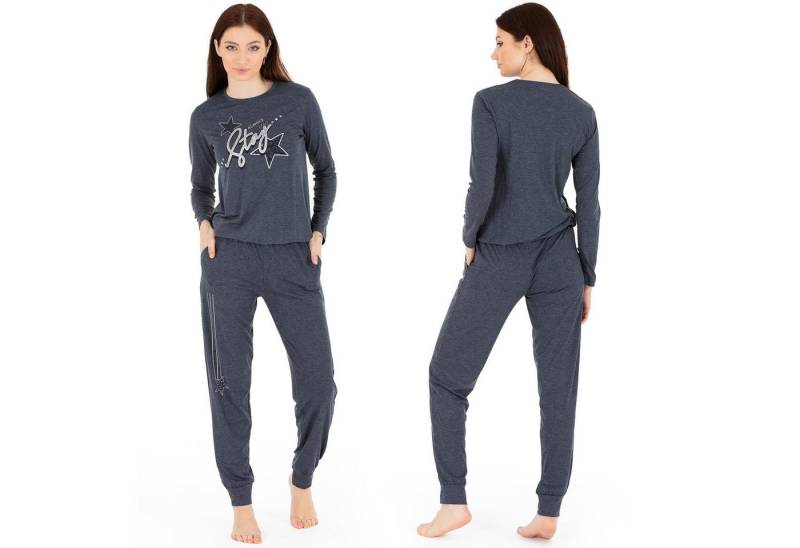 LOREZA Schlafanzug Schlafanzug Pyjama langarm- Stern - Grau (Set, 2 tlg) von LOREZA
