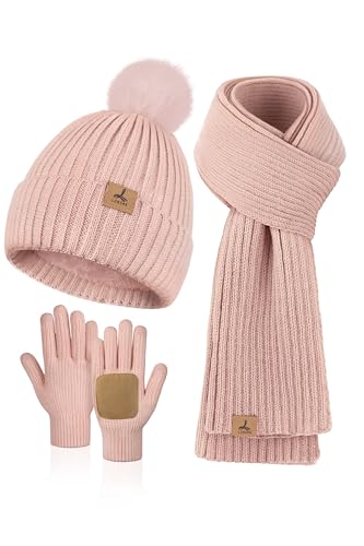 LOROME Damen Winter Beanie Mütze Schal Handschuhe Set Fleece Strick Pompon Mütze Warm Halstuch Touchscreen Handschuhe Winter Geschenk, Pink, 12.2*8.27 inch von LOROME