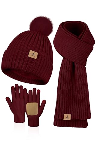 LOROME Damen Winter Beanie Mütze Schal Handschuhe Set Fleece Strick Pompon Mütze Warm Halstuch Touchscreen Handschuhe Winter Geschenk, Weinrot, 12.2*8.27 inch von LOROME