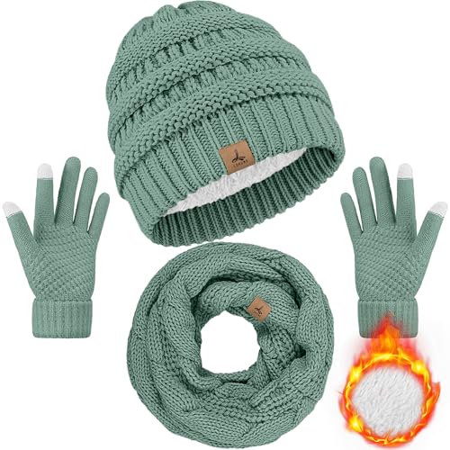 Warme Fleece-Strickmütze, Schal und Touchscreen-Handschuhe Set – Uni-Erwachsene Wintergeschenke, Mintgrün, 5 1/8-7 7/8 von LOROME