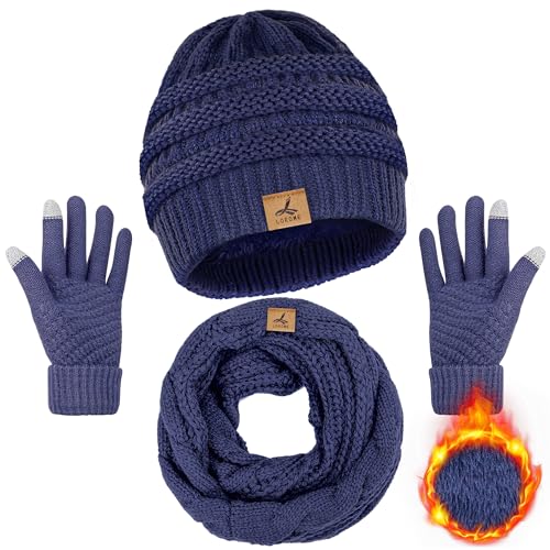 Wintermütze, Schal, Handschuhe, warme Fleece-Strick-Wintermütze, Touchscreen-Handschuhe, Halstuch-Set, Wintergeschenke für Unisex-Erwachsene, Denim Blau, 10.43*10.24 inch von LOROME