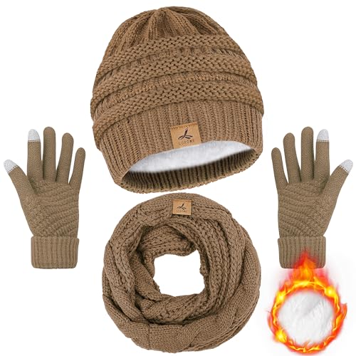 Winter Beanie Mütze Schal Handschuhe, Warme Fleece Strick Wintermützen Touchscreen Handschuhe Halstuch Set Winter Geschenke für Frauen Männer, Khaki, 10.43*10.24 inch von LOROME