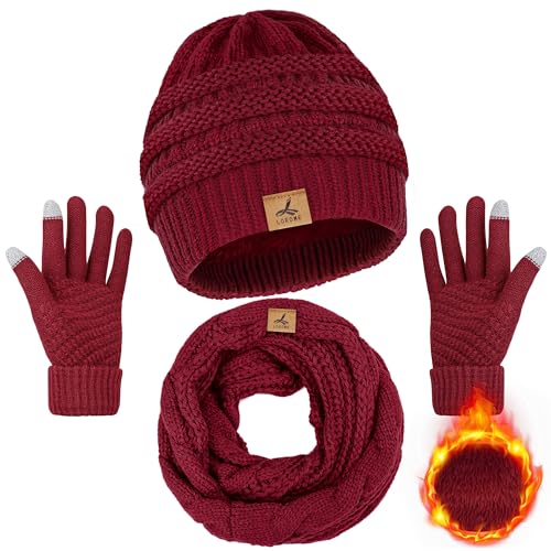 Wintermütze, Schal, Handschuhe, warme Fleece-Strick-Wintermütze, Touchscreen-Handschuhe, Halstuch-Set, Wintergeschenke für Unisex-Erwachsene, Weinrot, 10.43*10.24 inch von LOROME