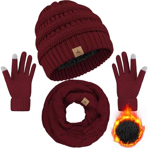 Wintermütze, Schal, Handschuhe, warme Fleece-Strick-Wintermütze, Touchscreen-Handschuhe, Halstuch-Set, Wintergeschenke für Unisex-Erwachsene, Weinrot von LOROME
