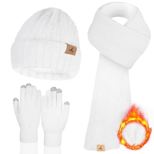 Winter Beanie Mütze Schal Handschuhe, Warme Fleece Strickmütze Langer Schal Halswärmer Touchscreen Winterhandschuhe Set Geschenke für Frauen, Weiss/opulenter Garten, 9.9*9.5 inch von LOROME