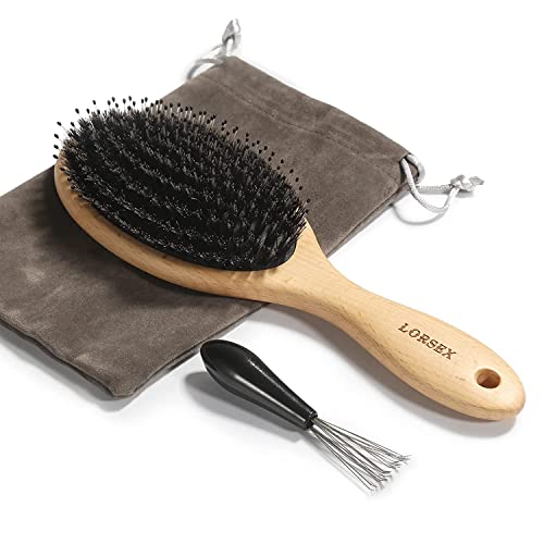 LORSEX Haarbürste, Wildschweinborsten Bürste für Damen Herren Kinder, Haarbürste ohne Ziepen, Profi Entwirrbürste für Locken & Lange Haare, mit Reiniger & Reisetasche von LORSEX