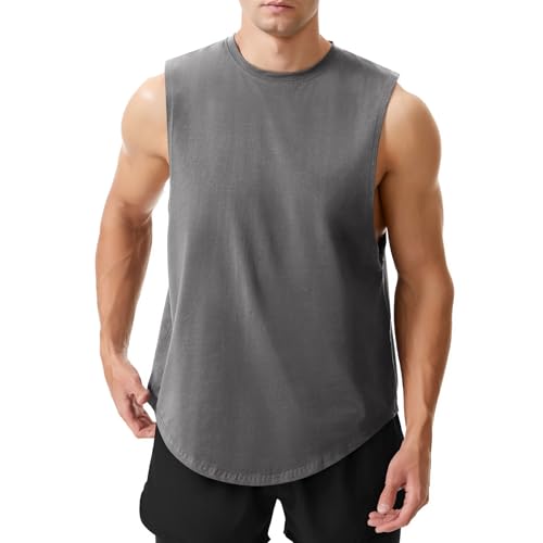 Herren Workout Tank Top Athletic Gym Bodybuilding Unterhemden Ärmelloses Muskel Baumwoll T-Shirts Cut Off Shirts Grau M von LORSPORTCH