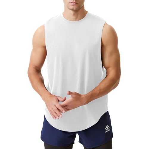 Herren Workout Tank Top Athletic Gym Bodybuilding Unterhemden Ärmelloses Muskel Baumwoll T-Shirts Cut Off Shirts Weiß L von LORSPORTCH