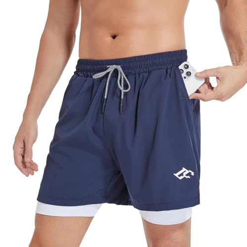 LORSPORTCH Herren Fitness-Shorts Laufshorts 2-in-1-Shorts Outdoor-Marathon-Workout-Trainingsshorts Mit Eingebaut Taschen blau-weiß S von LORSPORTCH
