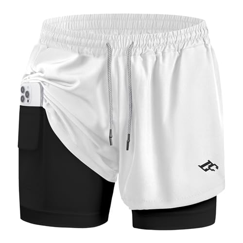 LORSPORTCH Herren Fitness-Shorts Laufshorts 2-in-1-Shorts Outdoor-Marathon-Workout-Trainingsshorts Mit Eingebaut Taschen weiß-schwarz S von LORSPORTCH