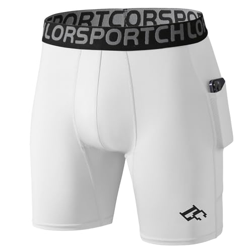 LORSPORTCH Herren-Kompressions-Baselayer-Shorts, Sport-Laufhose, Unterwäsche, Fitnessstudio, Athletiktraining mit Handytaschen Weiß XXL von LORSPORTCH