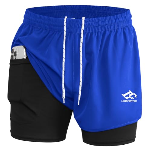 LORSPORTCH Herren Laufshorts 2 in 1 Shorts Gym Athletic Shorts Outdoor Marathon Workout Trainingsshorts Mit Eingebaut Taschen Blau M von LORSPORTCH